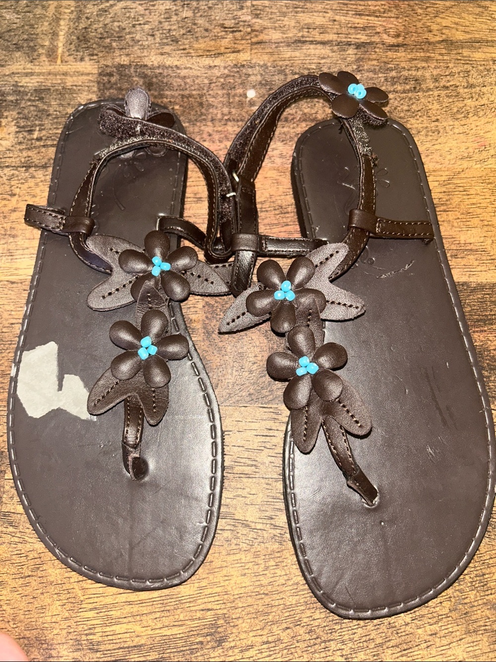 Girls' Brown Floral T-Strap Sandals with Turquoise Accent Beads